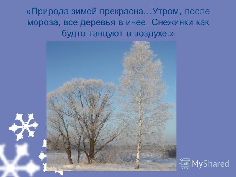 «Природа зимой прекрасна…Утром, после мороза, все деревья в инее. Снежинки как будто танцуют в воздухе.»