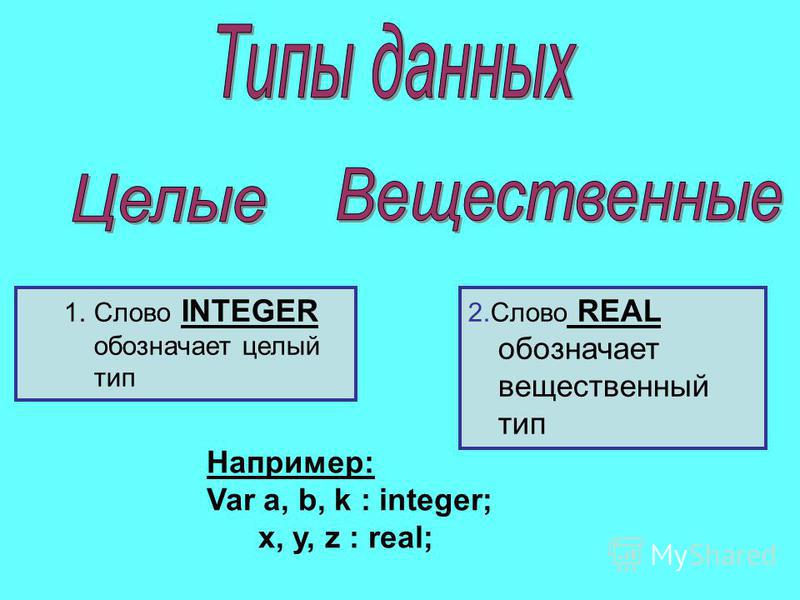 1. Слово INTEGER обозначает целый тип 2. Слово REAL обозначает вещественный тип Например: Var a, b, k : integer; x, y, z : real;