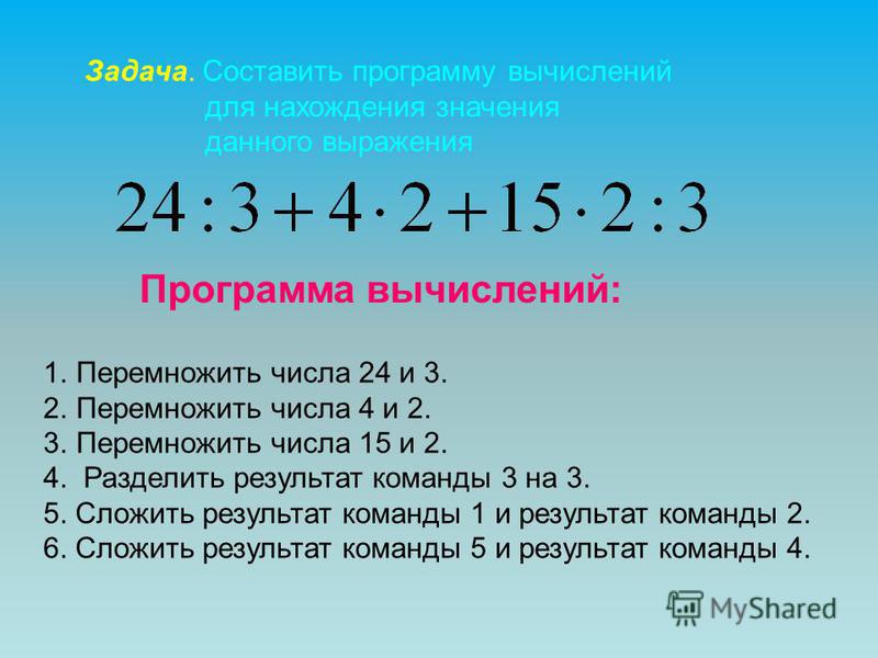 1. Перемножить числа 24 и 3. 2. Перемножить числа 4 и 2. 3. Перемножить числа 15 и 2. 4. Разделить результат команды 3 на 3. 5. Сложить результат команды 1 и результат команды 2. 6. Сложить результат команды 5 и результат команды 4. Программа вычисле