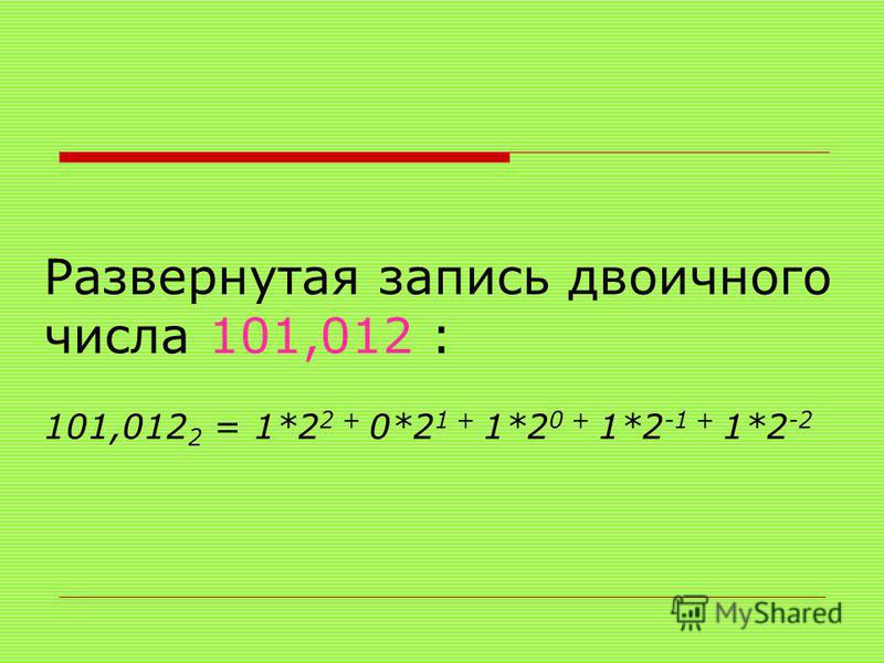 Развернутая запись двоичного числа 101,012 : 101,012 2 = 1*2 2 + 0*2 1 + 1*2 0 + 1*2 -1 + 1*2 -2