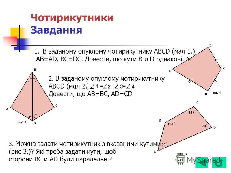 Чотирикутники Завдання 1.В заданому опуклому чотирикутнику ABCD (мал 1.) AB=AD, BC=DC. Довести, що кути B и D однакові. 2. В заданому опуклому чотирикутнику ABCD (мал 2.) Довести, що AB=BC, AD=CD 3. Можна задати чотирикутник з вказаними кутими (рис 3