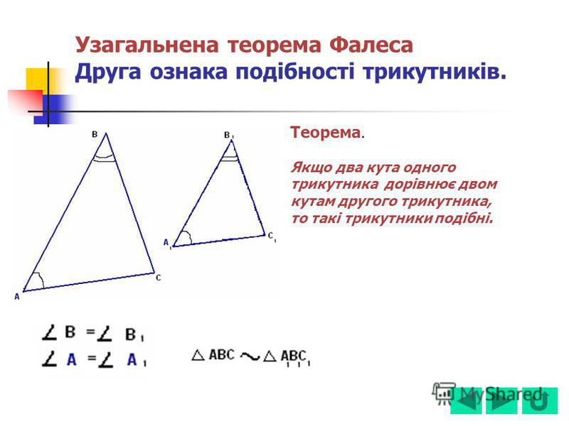 Узагальнена теорема Фалеса Друга ознака подібності трикутників. Теорема. Якщо два кута одного трикутника дорівнює двом кутам другого трикутника, то такі трикутники подібні.