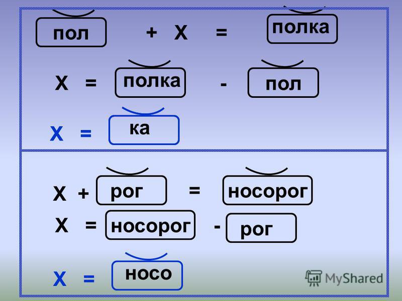 полка пол+ Х = Х =-пол Х = Х + рог=носорог Х =носорог- рог Х = носо ка