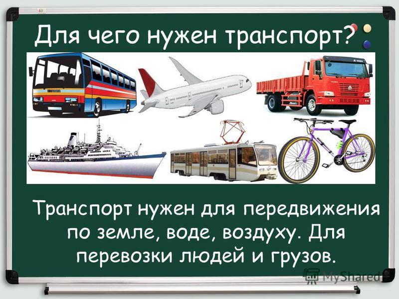 Для чего нужен транспорт? Транспорт нужен для передвижения по земле, воде, воздуху. Д ля перевозки людей и грузов.