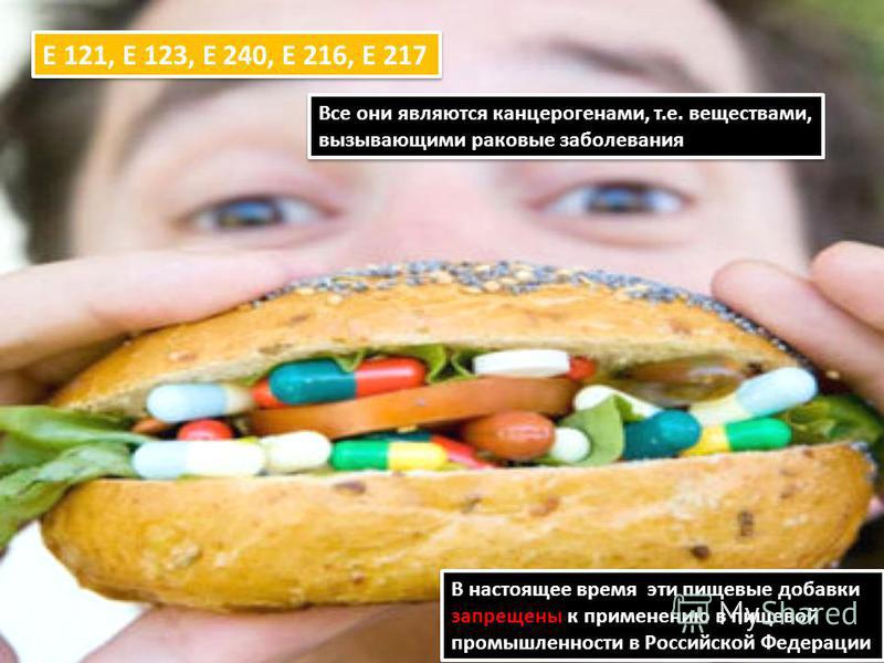 В настоящее время эти пищевые добавки запрещены к применению в пищевой промышленности в Российской Федерации В настоящее время эти пищевые добавки запрещены к применению в пищевой промышленности в Российской Федерации Е 121, Е 123, Е 240, Е 216, Е 21