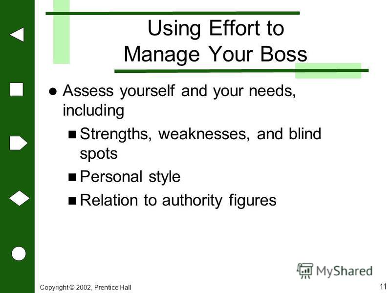 Copyright © 2002, Prentice Hall 11 Using Effort to Manage Your Boss Assess yourself and your needs, including Strengths, weaknesses, and blind spots Personal style Relation to authority figures