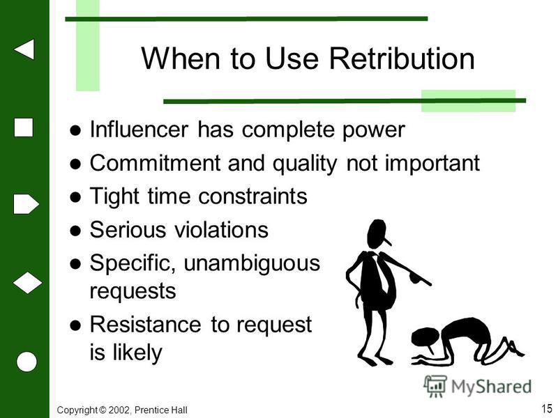 Copyright © 2002, Prentice Hall 15 When to Use Retribution Influencer has complete power Commitment and quality not important Tight time constraints Serious violations Specific, unambiguous requests Resistance to request is likely