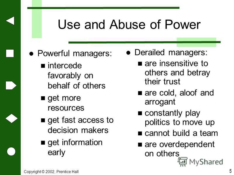 Copyright © 2002, Prentice Hall 5 Use and Abuse of Power Powerful managers: intercede favorably on behalf of others get more resources get fast access to decision makers get information early Derailed managers: are insensitive to others and betray th