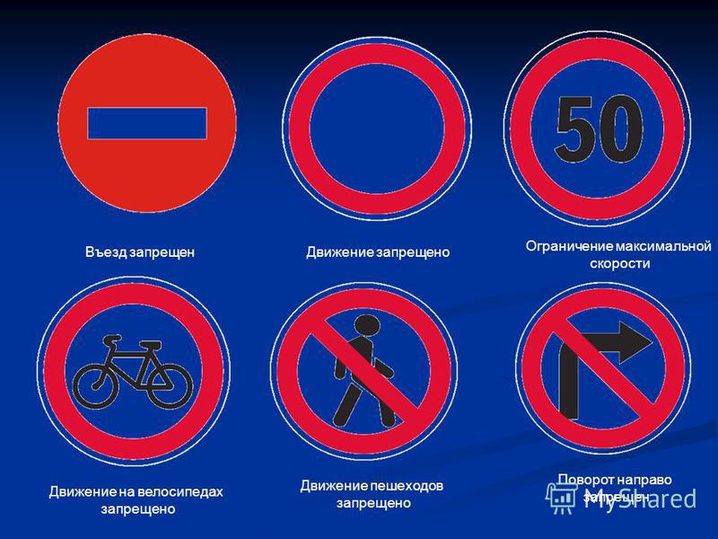 Въезд запрещен Движение запрещено Движение пешеходов запрещено Движение на велосипедах запрещено Поворот направо запрещен Ограничение максимальной скорости