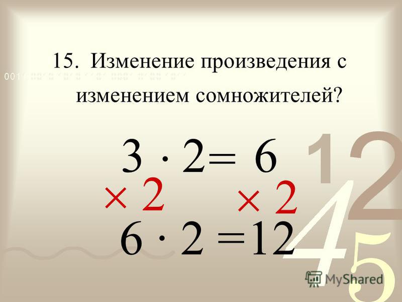 · = 12 3 15. Изменение произведения с изменением сомножителей? 6 6 · 2 = 2 2 2