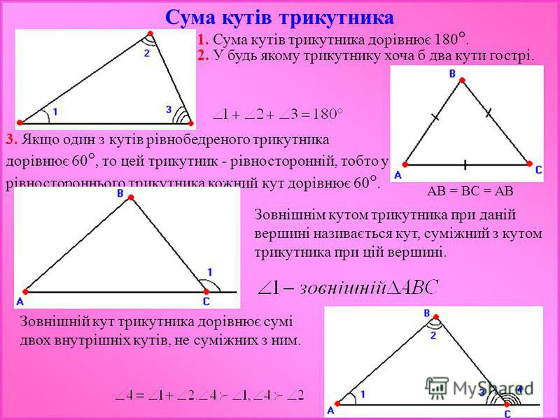 Сума кутів трикутника 1. Сума кутів трикутника дорівнює 180 °. 2. У будь якому трикутнику хоча б два кути гострі. 3. Якщо один з кутів рівнобедреного трикутника дорівнює 60 °, то цей трикутник - рівносторонній, тобто у рівностороннього трикутника кож