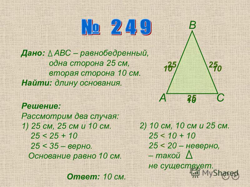 А В С Дано: АВС – равнобедренный, одна сторона 25 см, вторая сторона 10 см. Найти: длину основания. Решение: Рассмотрим два случая: 1) 25 см, 25 см и 10 см. 25 < 25 + 10 25 < 35 – верно. Основание равно 10 см. 2) 10 см, 10 см и 25 см. 25 < 10 + 10 25