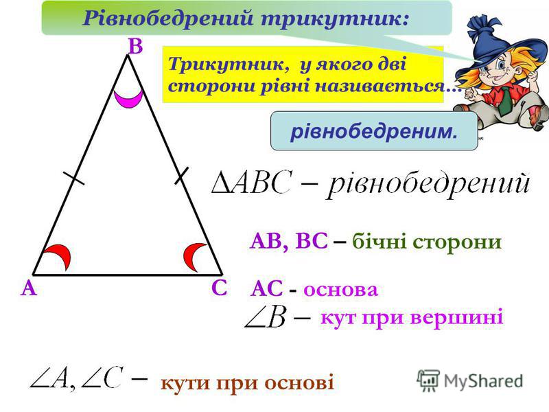 А В С АВ, ВС – бічні сторони АС - основа кут при вершині кути при основі Рівнобедренний трикутник: Трикутник, у якого дві сторони рівні називається… рівнобедреним. Рівнобедрений трикутник: