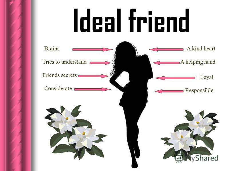 Ideal friend Tries to understand Friends secrets A kind heart A helping hand Brains Loyal Considerate Responsible