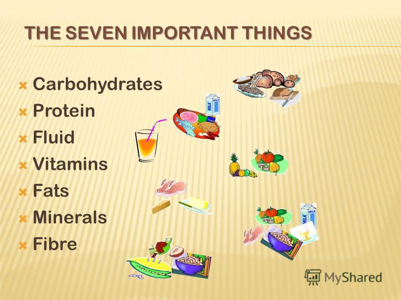 THE SEVEN IMPORTANT THINGS Carbohydrates Protein Fluid Vitamins Fats Minerals Fibre