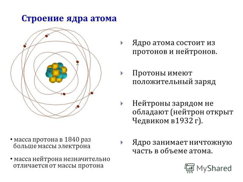 Строение ядра атома Ядро атома состоит из протонов и нейтронов. Протоны имеют положительный заряд Нейтроны зарядом не обладают ( нейтрон открыт Чедвиком в 1932 г ). Ядро занимает ничтожную часть в объеме атома. масса протона в 1840 раз больше массы э