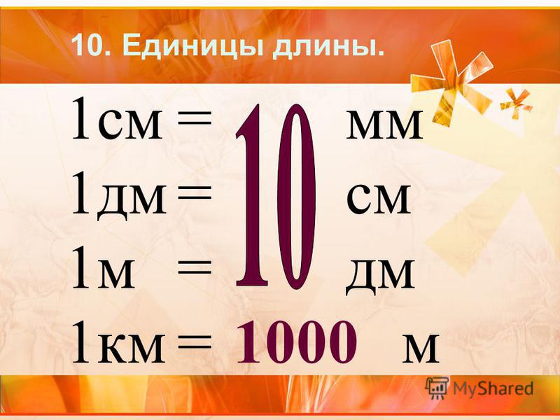 10. Единицы длины. 1 см=мм 1 дм=см 1 м=дм 1 км=1000 м