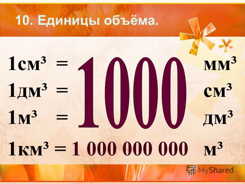 10. Единицы объёма. 1 см³=мм³ 1 дм³=см³ 1 м³=дм³ 1 км³ = 1 000 000 000 м³