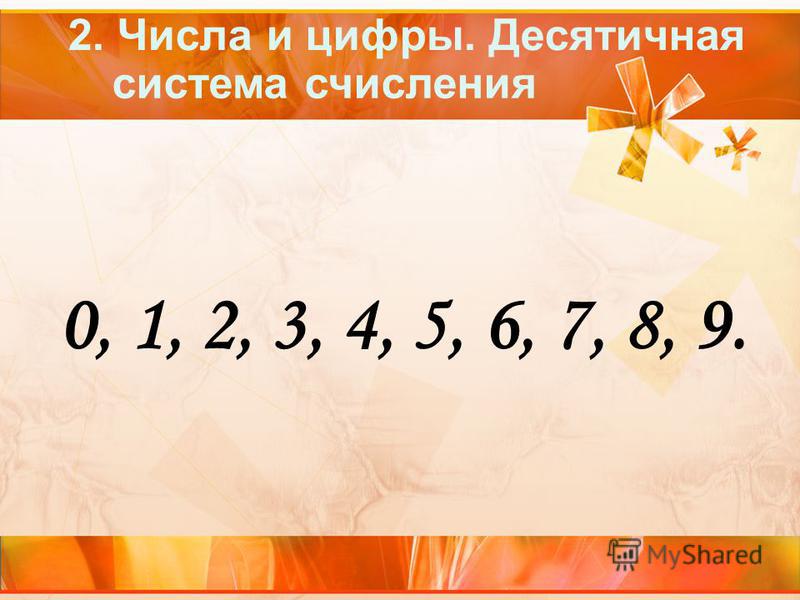 2. Числа и цифры. Десятичная 0, 1, 2, 3, 4, 5, 6, 7, 8, 9. система счисления