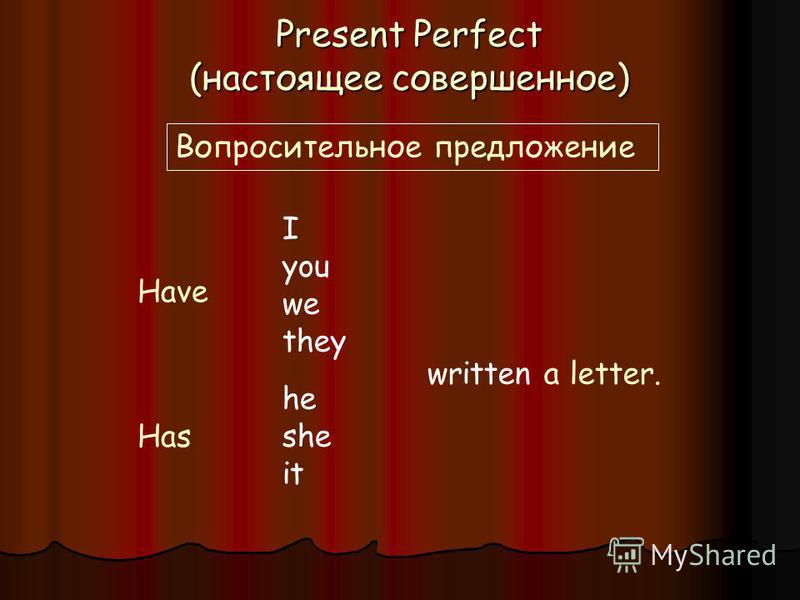 Present Perfect (настоящее совершенное) Вопросительное предложение I you we they he she it Have Has written a letter.