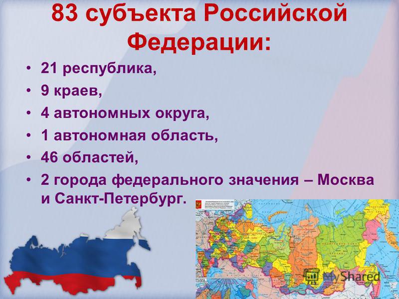 83 субъекта Российской Федерации: 21 республика, 9 краев, 4 автономных округа, 1 автономная область, 46 областей, 2 города федерального значения – Москва и Санкт-Петербург.