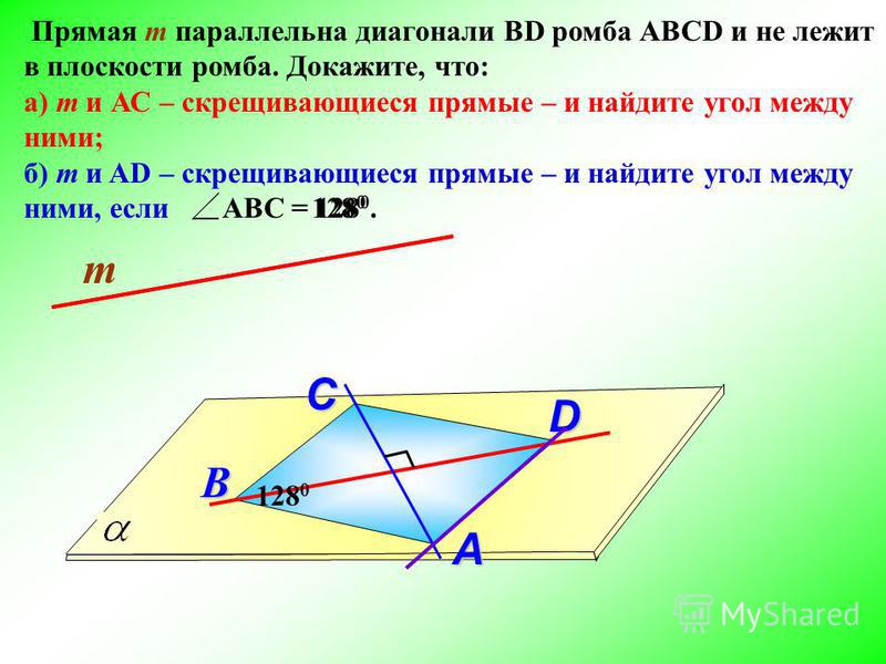 т Прямая m параллельна диагонали ВD ромба АВСD и не лежит в плоскости ромба. Докажите, что: а) m и АС – скрещивающиеся прямые – и найдите угол между ними; б) m и AD – скрещивающиеся прямые – и найдите угол между ними, если АВС = 128 0. А В D С 128 0