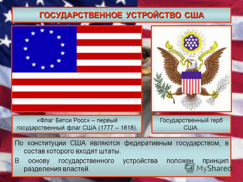 ГОСУДАРСТВЕННОЕ УСТРОЙСТВО США По конституции США являются федеративным государством, в состав которого входят штаты. В основу государственного устройства положен принцип разделения властей. «Флаг Бетси Росс» – первый государственный флаг США (1777 –