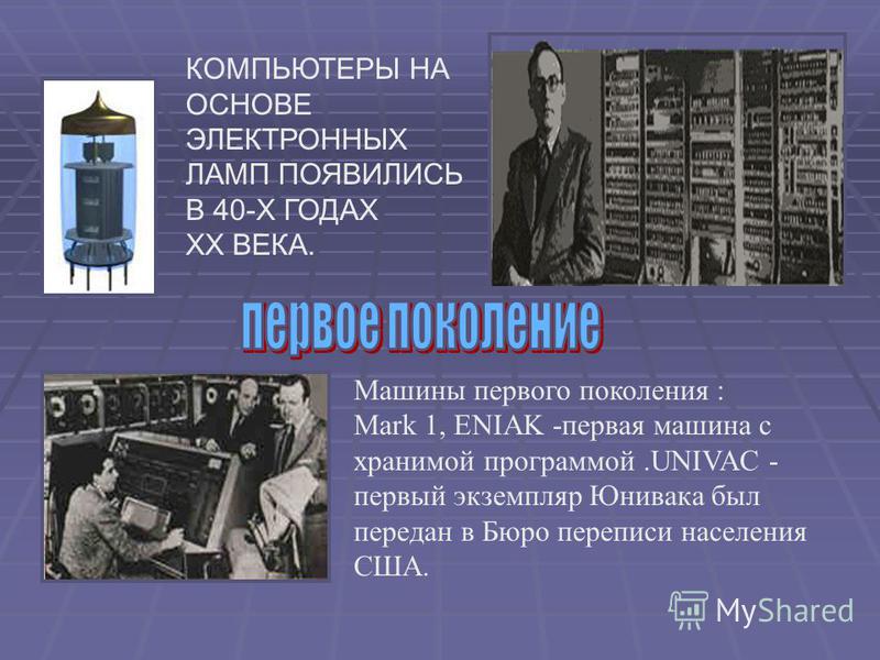 Машины первого поколения : Mark 1, ENIAK -первая машина с хранимой программой.UNIVAC - первый экземпляр Юнивака был передан в Бюро переписи населения США. КОМПЬЮТЕРЫ НА ОСНОВЕ ЭЛЕКТРОННЫХ ЛАМП ПОЯВИЛИСЬ В 40-Х ГОДАХ ХХ ВЕКА.