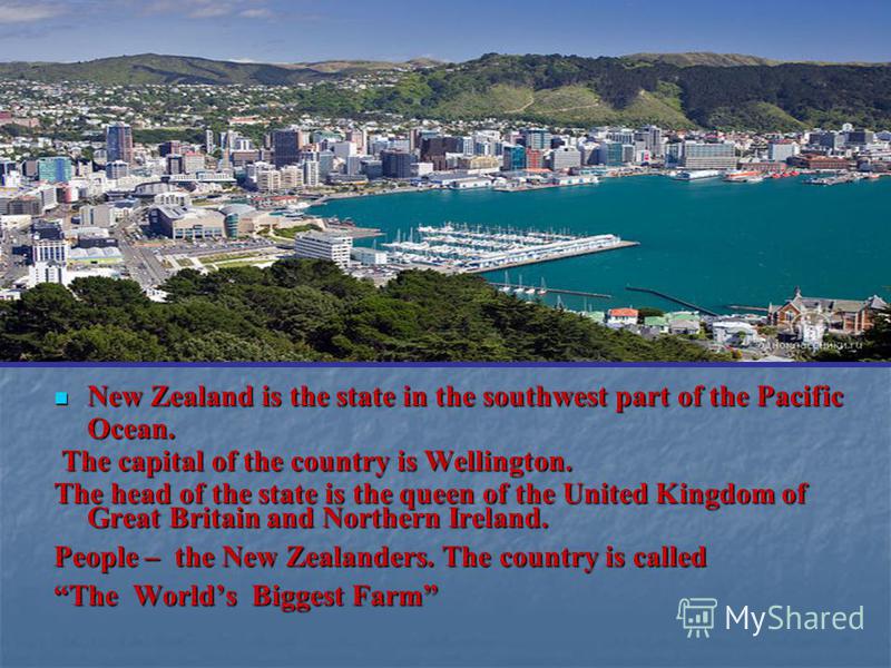 New Zealand is the state in the southwest part of the Pacific Ocean. New Zealand is the state in the southwest part of the Pacific Ocean. The capital of the country is Wellington. The capital of the country is Wellington. The head of the state is the