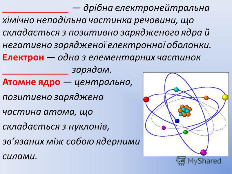 _____________ дрібна електронейтральна хімічно неподільна частинка речовини, що складається з позитивно зарядженого ядра й негативно зарядженої електронної оболонки. Електрон одна з елементарних частинок _____________ зарядом. Атомне ядро центральна,