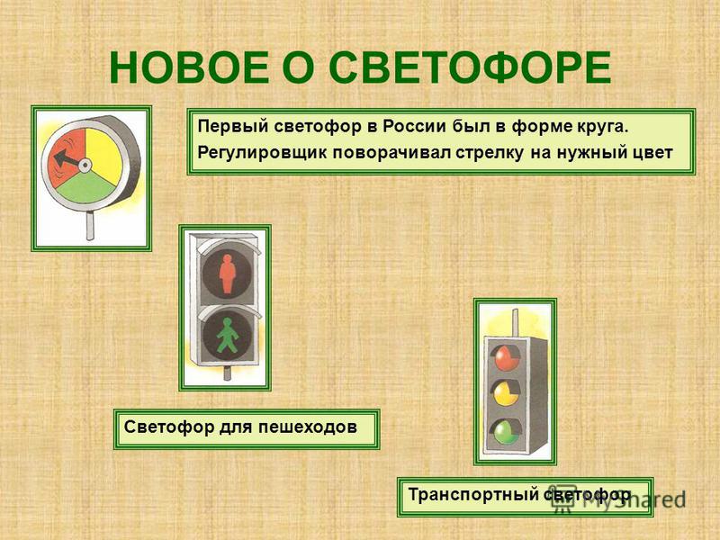 НОВОЕ О СВЕТОФОРЕ Светофор для пешеходов Первый светофор в России был в форме круга. Регулировщик поворачивал стрелку на нужный цвет Транспортный светофор
