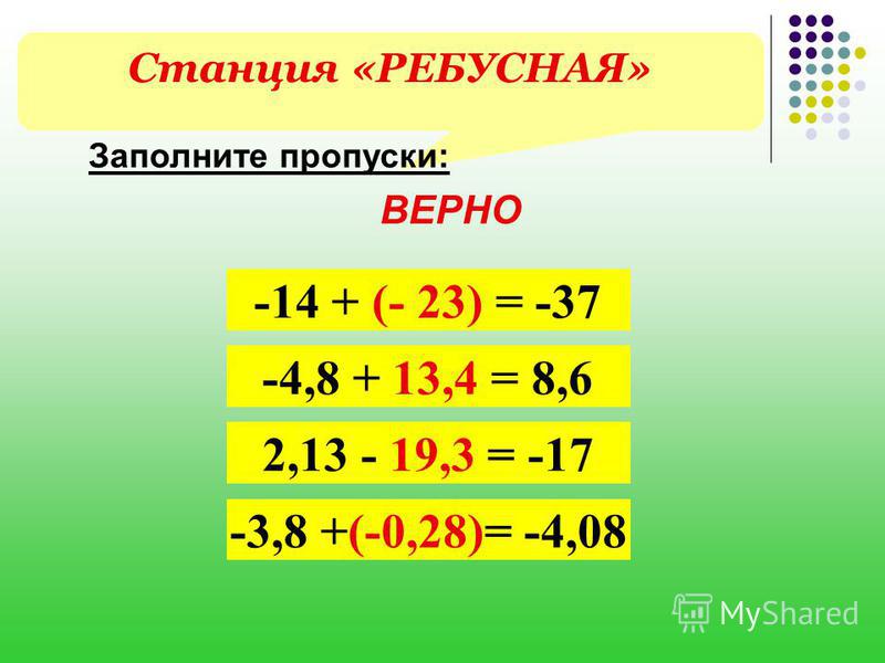 Станция «РЕБУСНАЯ» Заполните пропуски: ВЕРНО -14 + (- 23) = -37 -4,8 + 13,4 = 8,6 2,13 - 19,3 = -17 -3,8 +(-0,28)= -4,08