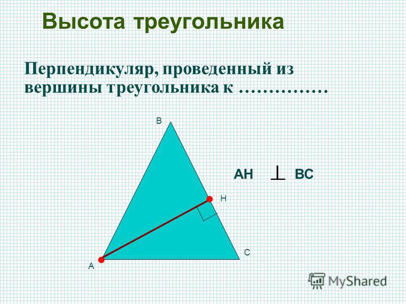 Высота треугольника А С В Н АНВС Перпендикуляр, проведенный из вершины треугольника к ……………
