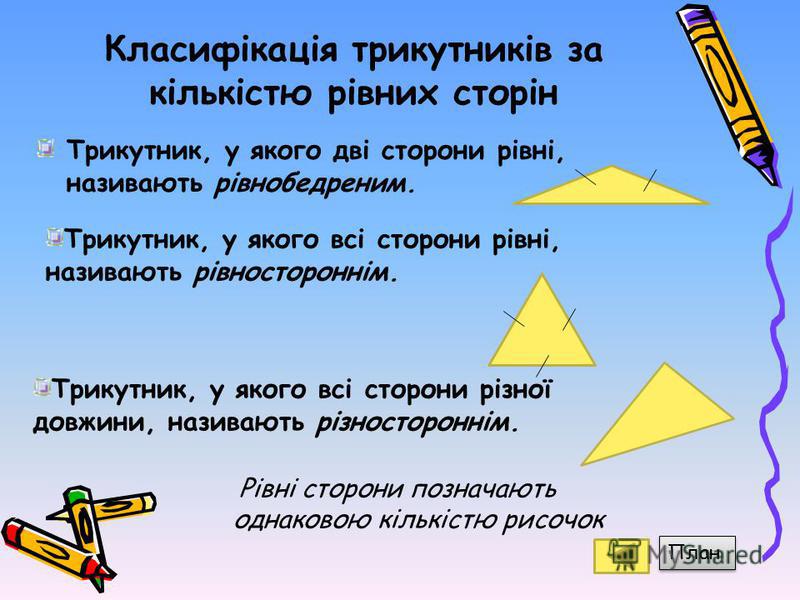 Класифікація трикутників за кількістю рівних сторін Трикутник, у якого дві сторони рівні, називають рівнобедреним. Трикутник, у якого всі сторони рівні, називають рівностороннім. Трикутник, у якого всі сторони різної довжини, називають різностороннім