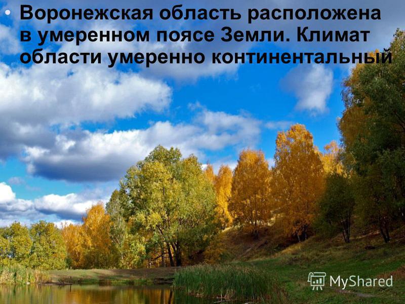 Воронежская область расположена в умеренном поясе Земли. Климат области умеренно континентальный