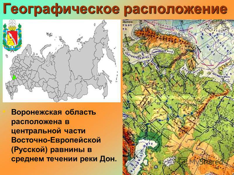 Географическое расположение Воронежская область расположена в центральной части Восточно-Европейской (Русской) равнины в среднем течении реки Дон.