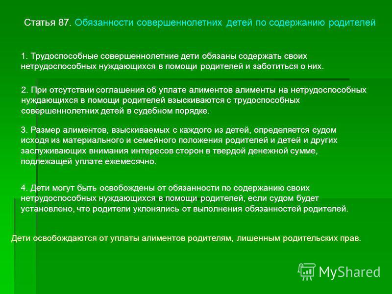 статья 85 право на алименты нетрудоспособных совершеннолетних детей этих