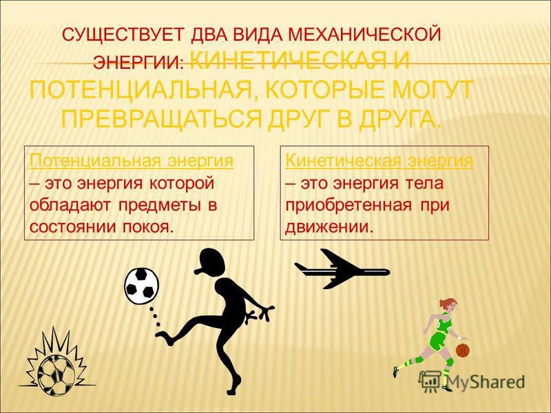 Потенциальная энергия – это энергия которой обладают предметы в состоянии покоя. Кинетическая энергия – это энергия тела приобретенная при движении. СУЩЕСТВУЕТ ДВА ВИДА МЕХАНИЧЕСКОЙ ЭНЕРГИИ: КИНЕТИЧЕСКАЯ И ПОТЕНЦИАЛЬНАЯ, КОТОРЫЕ МОГУТ ПРЕВРАЩАТЬСЯ ДР