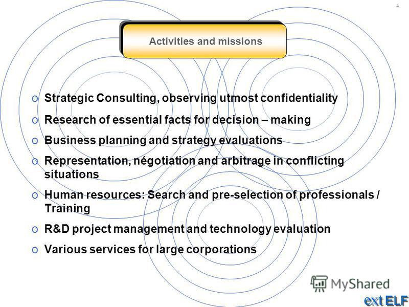 Activities and missions o Strategic Consulting, observing utmost confidentiality o Research of essential facts for decision – making o Business planning and strategy evaluations o Representation, négotiation and arbitrage in conflicting situations o 