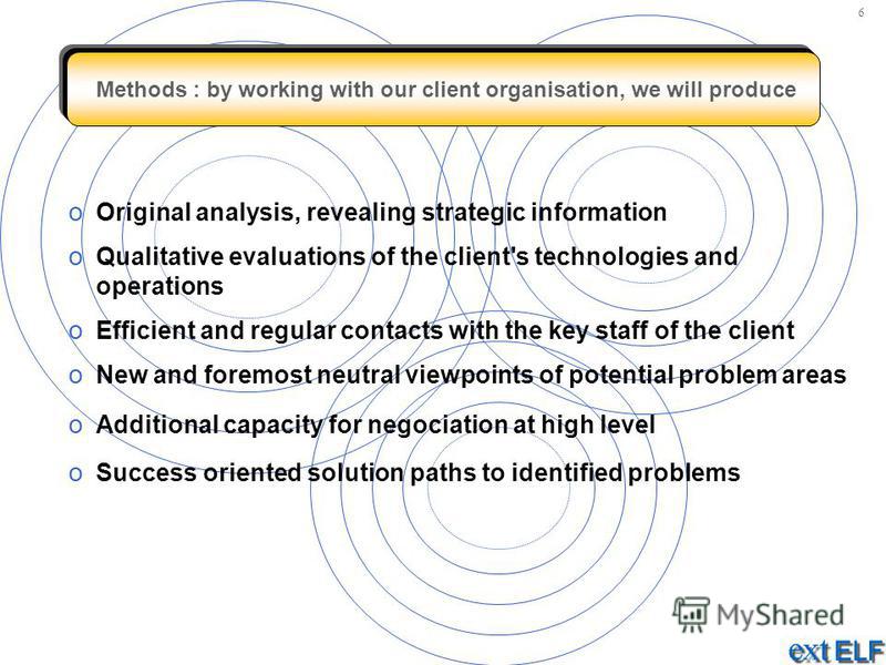 Methods : by working with our client organisation, we will produce o Original analysis, revealing strategic information o Qualitative evaluations of the client's technologies and operations o Efficient and regular contacts with the key staff of the c
