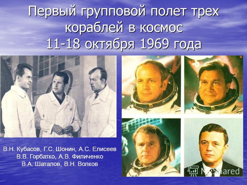 Первый групповой полет трех кораблей в космос 11-18 октября 1969 года В.Н. Кубасов, Г.С. Шонин, А.С. Елисеев В.В. Горбатко, А.В. Филиченко В.А. Шаталов, В.Н. Волков