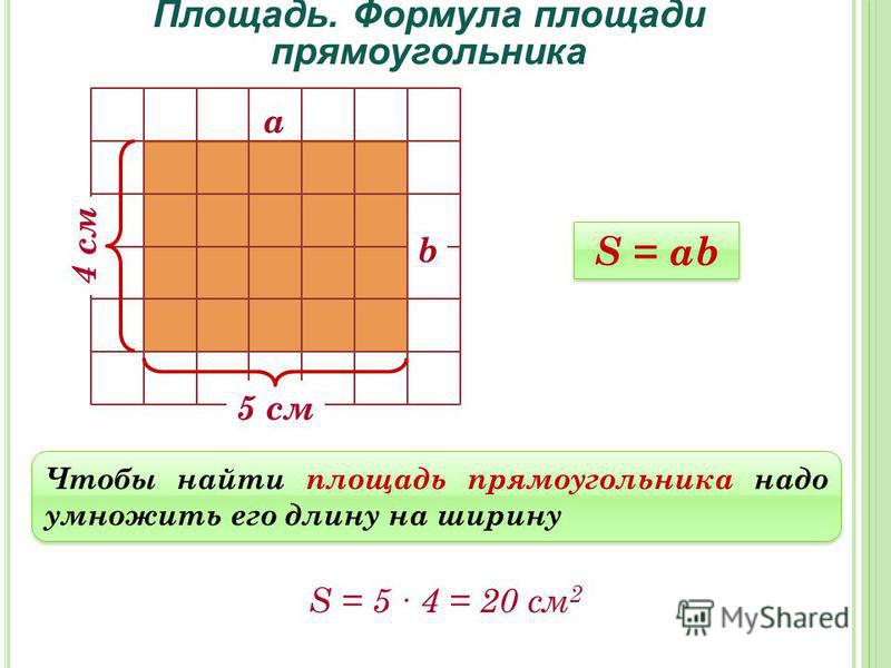 Площадь. Формула площади прямоугольника Чтобы найти площадь прямоугольника надо умножить его длину на ширину S = ab 4 см 5 см S = 5 4 = 20 см 2 а b
