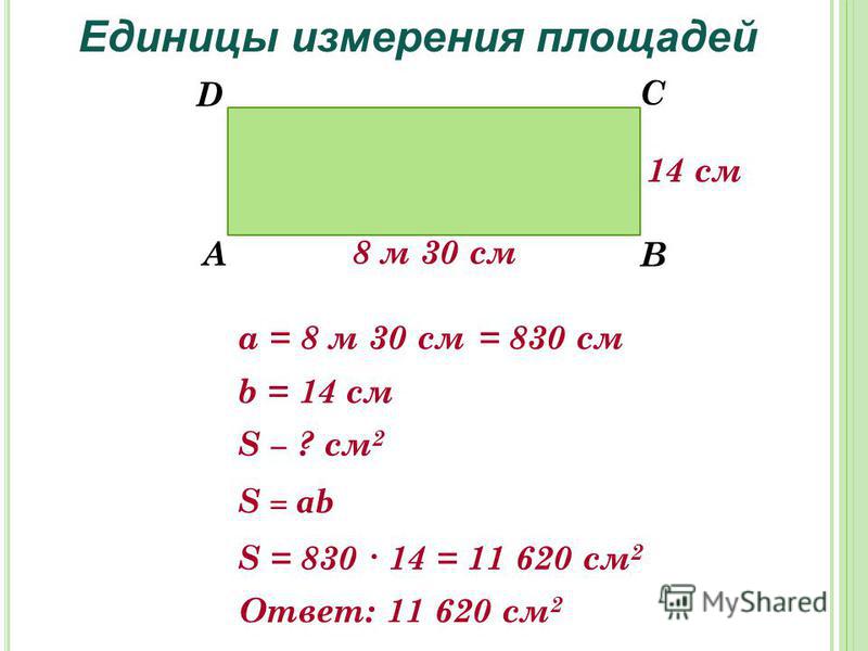 S ? см 2 Единицы измерения площадей А В С D 8 м 30 см 14 см а = 8 м 30 см b = 14 см S = ab S = 830 14 = 11 620 см 2 = 830 см Ответ: 11 620 см 2