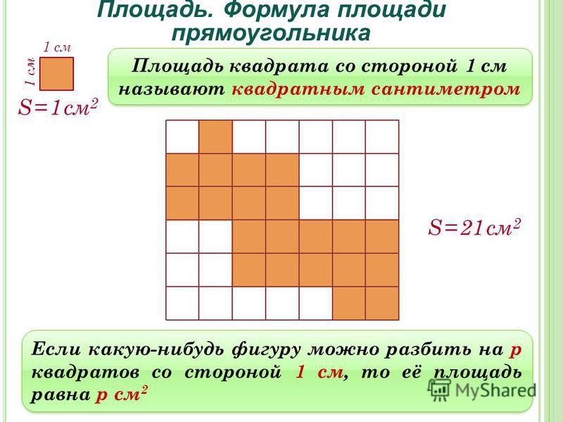 Площадь. Формула площади прямоугольника S = 1 см 2 Площадь квадрата со стороной 1 см называют квадратным сантиметром 1 см Если какую-нибудь фигуру можно разбить на р квадратов со стороной 1 см, то её площадь равна р см 2 S = 21 см 2