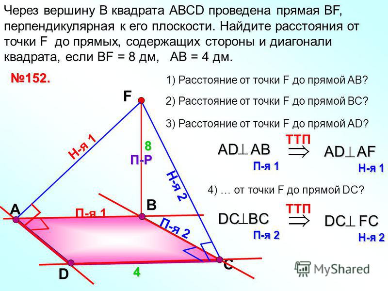 В Через вершину B квадрата АВСD проведена прямая ВF, перпендикулярная к его плоскости. Найдите расстояния от точки F до прямых, содержащих стороны и диагонали квадрата, если ВF = 8 дм, АВ = 4 дм. D С 152. 4 1) Расстояние от точки F до прямой АВ? 2) Р