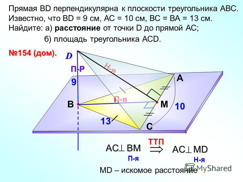 П-я Прямая ВD перпендикулярна к плоскости треугольника АВС. Известно, что ВD = 9 см, АС = 10 см, ВС = ВА = 13 см. Найдите: а) расстояние от точки D до прямой АС; б) площадь треугольника АСD. А С В 154 (дом). DП-Р Н-я TTП AC BМ П-я AC MD Н-я МD – иско