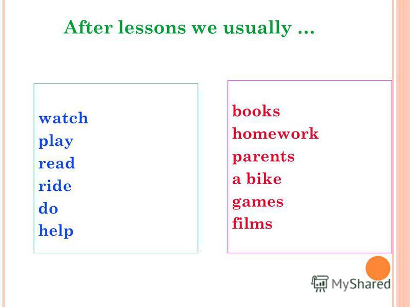 After lessons we usually … watch play read ride do help books homework parents a bike games films