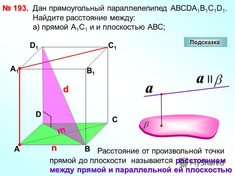 193. 193. D АВ С А1А1 D1D1 С1С1 В1В1 Подсказка Дан прямоугольный параллелепипед АВСDА 1 В 1 С 1 D 1. Найдите расстояние между: а) прямой А 1 С 1 и и плоскостью АВС; a a IIa Расстояние от произвольной точки расстоянием прямой до плоскости называется р