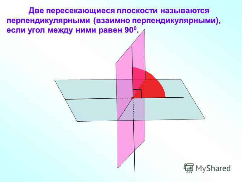 Две пересекающиеся плоскости называются перпендикулярными (взаимно перпендикулярными), если угол между ними равен 90 0. Две пересекающиеся плоскости называются перпендикулярными (взаимно перпендикулярными), если угол между ними равен 90 0.