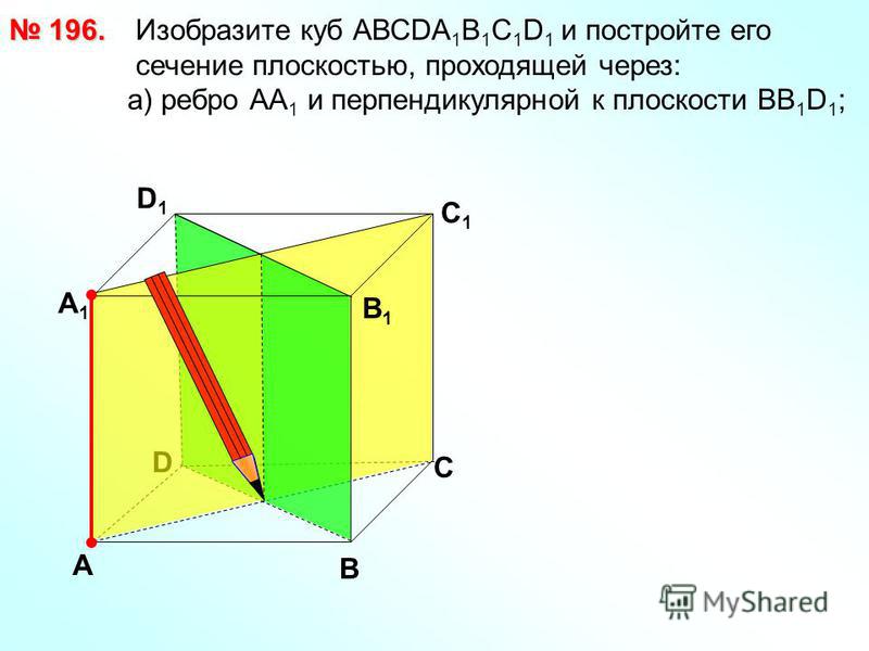 196. 196. D В D1D1 С1С1 Изобразите куб АВСDА 1 В 1 С 1 D 1 и постройте его сечение плоскостью, проходящей через: а) ребро АА 1 и перпендикулярной к плоскости ВВ 1 D 1 ; А А1А1 С В1В1